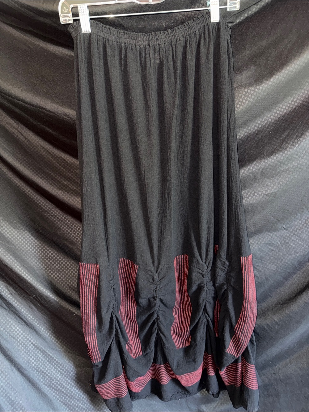 Oh My Gauze! Black Maxi Skirt with Burgundy Stripe Panels